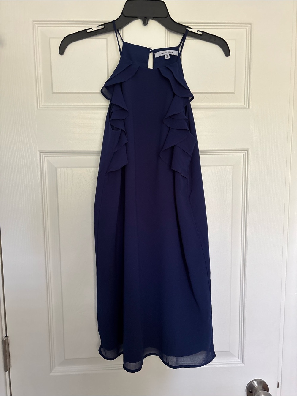 Naked Zebra Navy Ruffle Halter Midi Dress